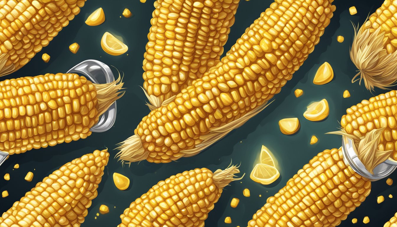 A golden, crispy corn on the cob sizzling in a bubbling pot of oil. A sprinkle of seasoning adds a burst of flavor