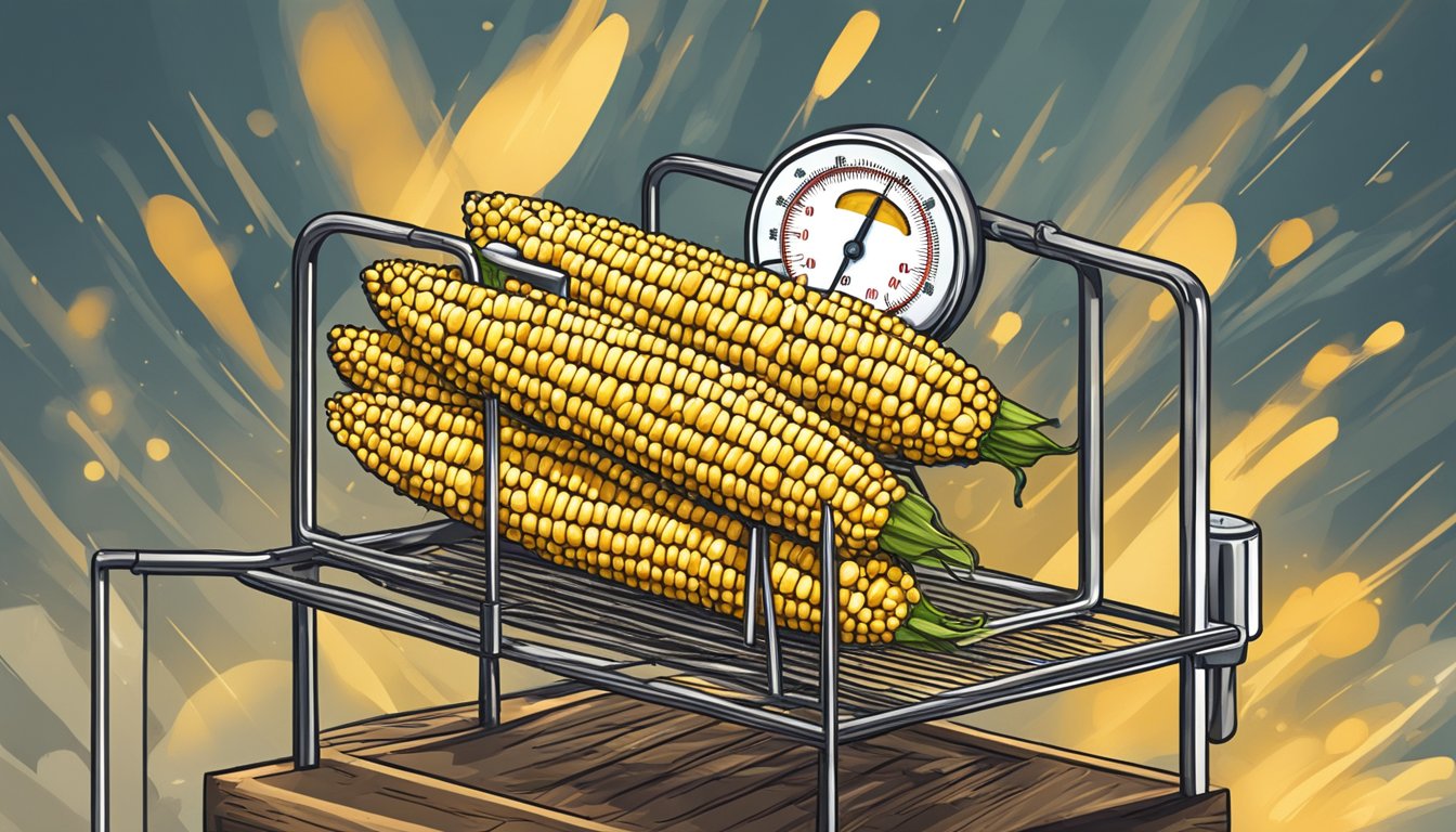 A golden deep-fried corn on the cob sits on a wire rack, steam rising from its crispy exterior. A thermometer nearby reads a safe internal temperature