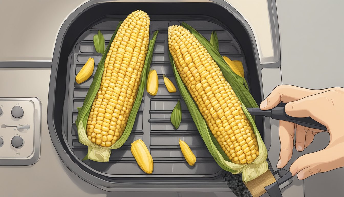 A corn on the cob being brushed with oil and seasoned before being placed in the air fryer for cleaning and maintenance