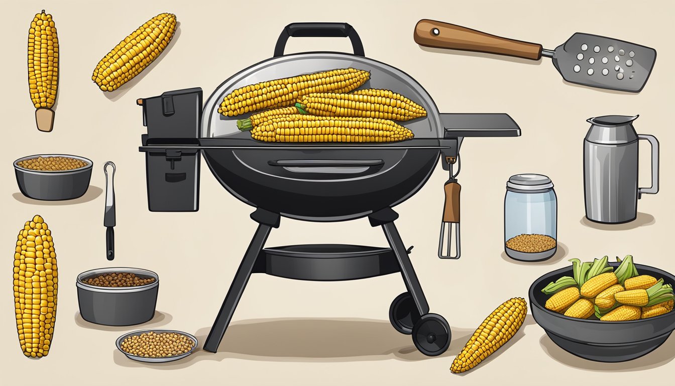 A pellet grill with corn on the cob and various serving tools and accessories arranged around it