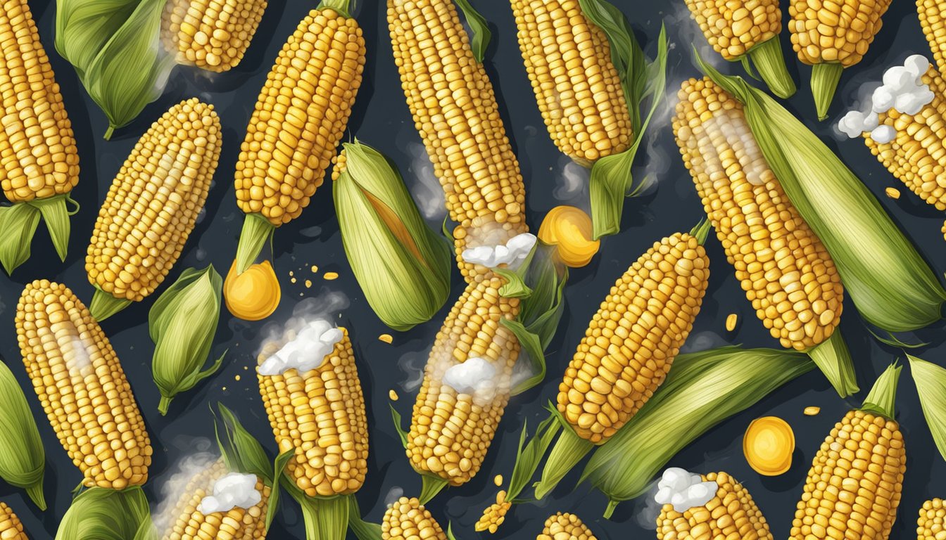 Corn on the cob sits on a grill, kernels glistening with seasoning and flavoring, no husk in sight. Smoke rises from the grill, adding to the mouthwatering aroma