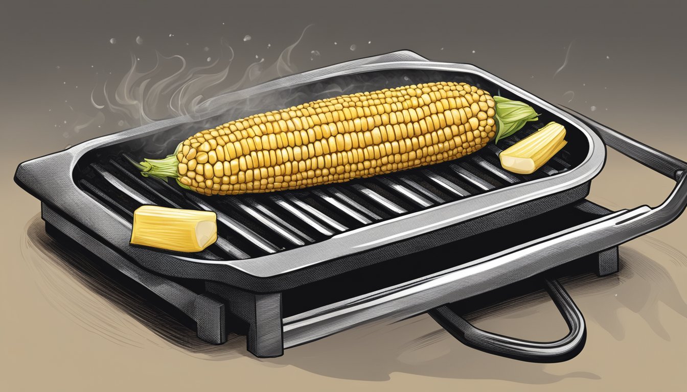 Fresh corn on the cob sizzling on a Blackstone griddle, with charred grill marks and a golden-brown hue. Butter melting over the top, emitting a mouthwatering aroma