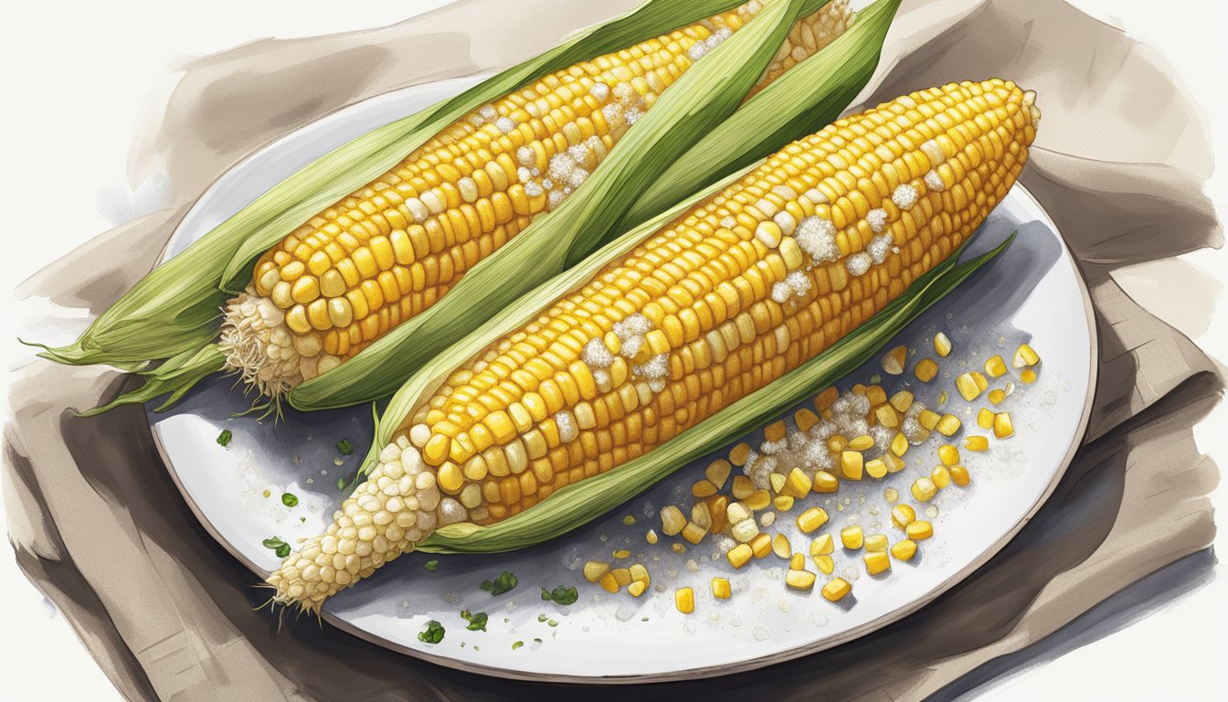 Freshly grilled corn on the cob, golden and charred, sits on a clean white plate. The kernels glisten with melted butter, and a sprinkle of salt and pepper adds a touch of flavor