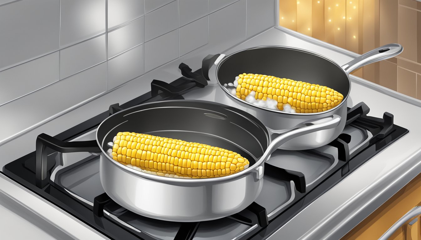 A pot of boiling water on a stove with corn on the cob cooking inside