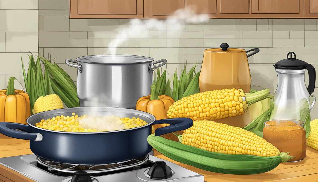 A pot of boiling water on a stove with corn on the cob and various seasoning options nearby