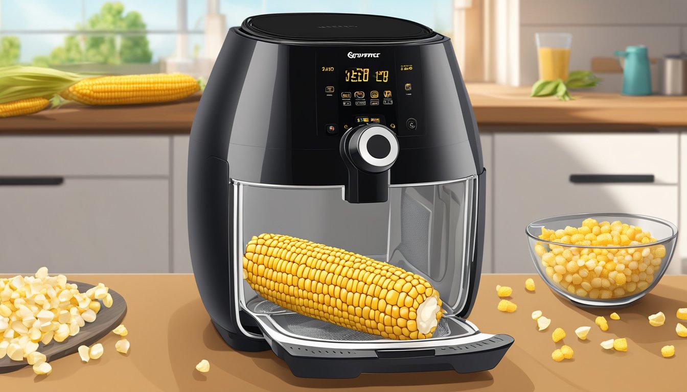 A corn on the cob sits inside an air fryer, surrounded by a few kernels. The air fryer is open, with the corn visible through the glass door