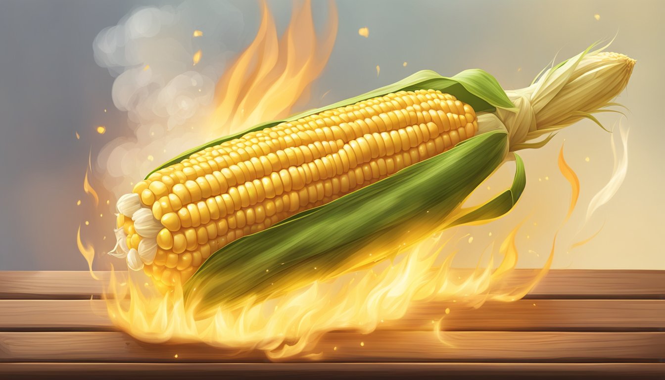 Corn on the cob in husk grilling over open flame