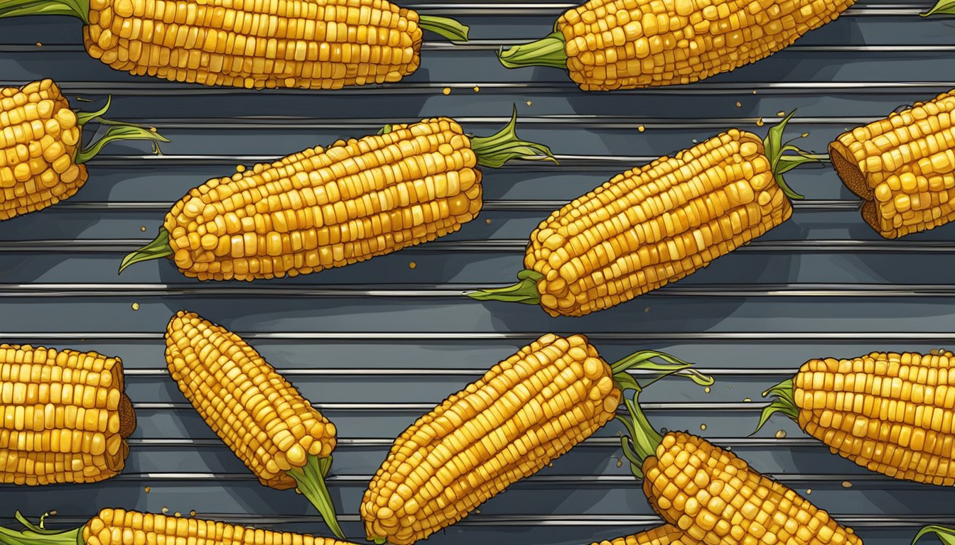 A golden ear of corn sits on a wire rack inside an air fryer, surrounded by a sprinkle of seasoning and a drizzle of melted butter