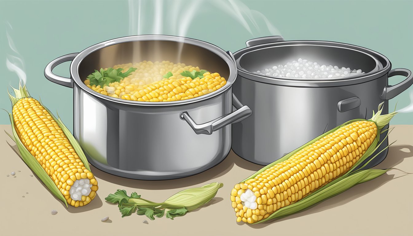 A pot of boiling water with corn on the cob being blanched