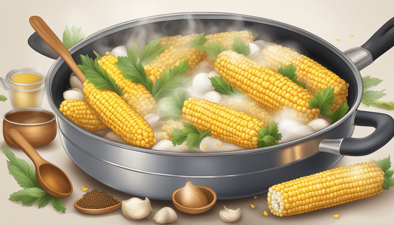 A pot of boiling water with corn cobs inside, surrounded by various seasonings and serving utensils