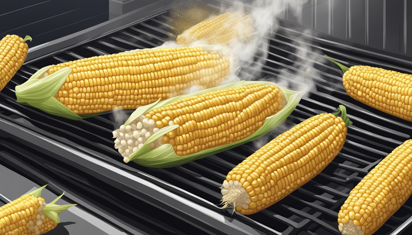 Fresh corn on the cob being grilled on a stove, with steam rising and kernels sizzling