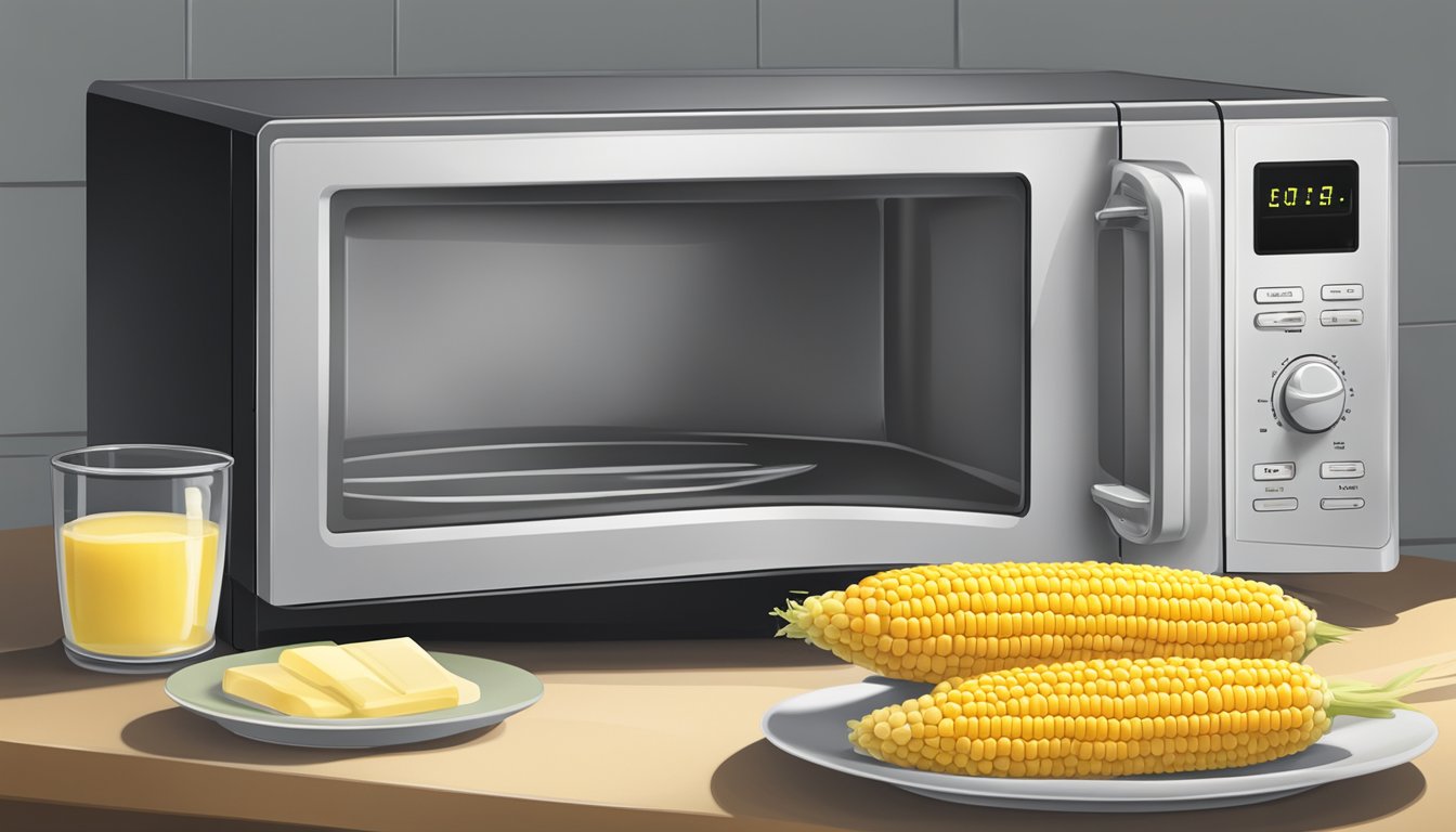 A microwave with a rotating plate inside, a cob of corn on a microwave-safe plate, and a small dish of melted butter alongside