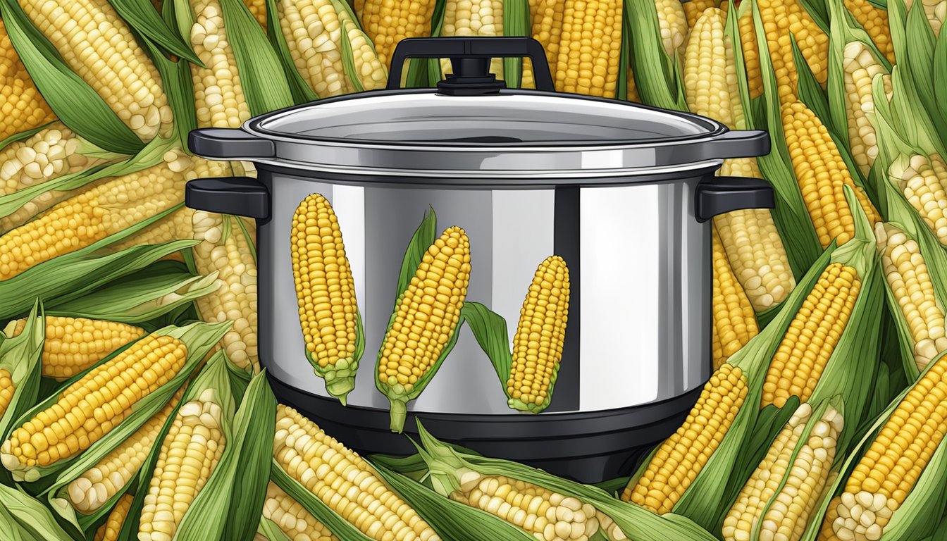 Fresh corn cobs placed in a pressure cooker