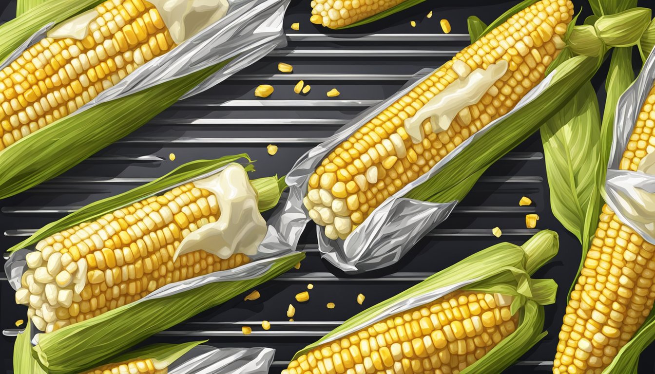 Fresh corn on the cob brushed with butter and spices, tightly wrapped in foil, sizzling on a grill