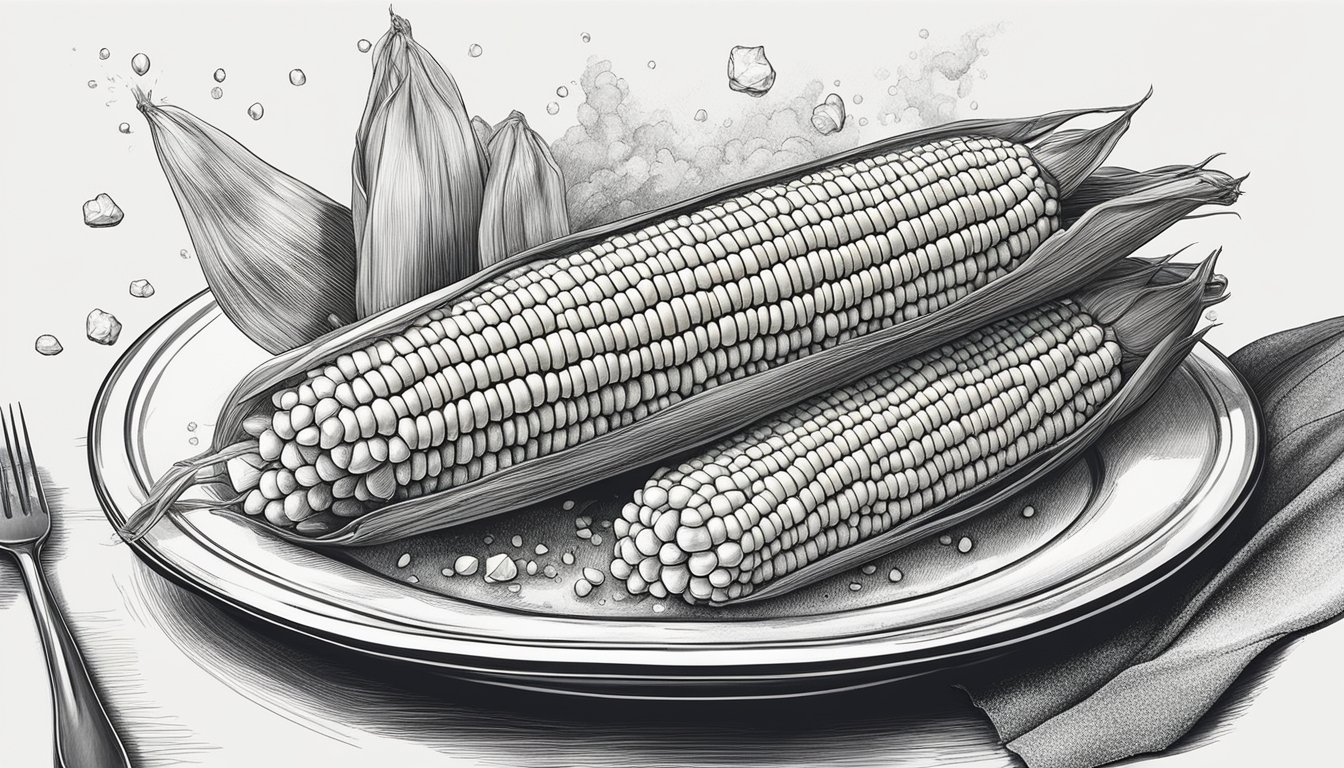 Freshly cooked corn on the cob sits on a plate, steam rising from the kernels. A sprinkle of salt and a pat of butter await to be added