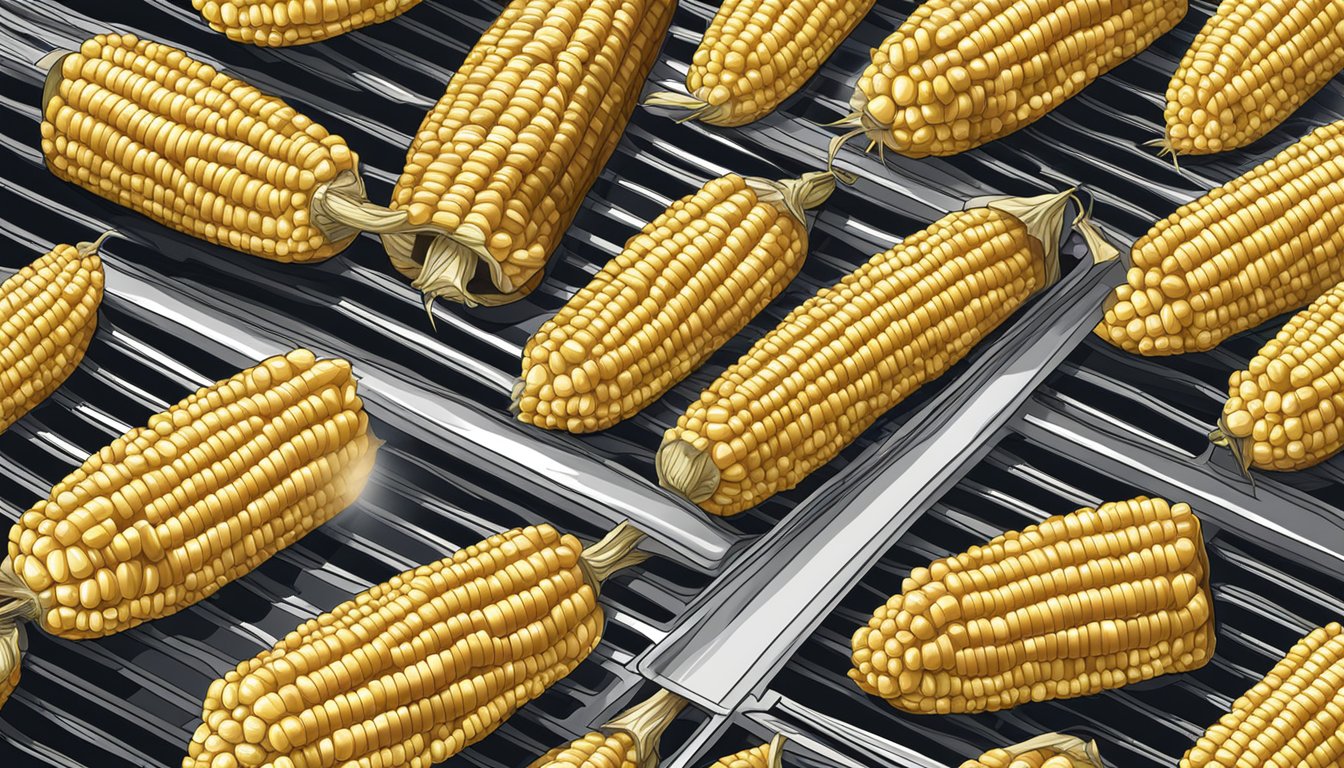 A grill with foil-wrapped corn on the cob cooking over medium heat