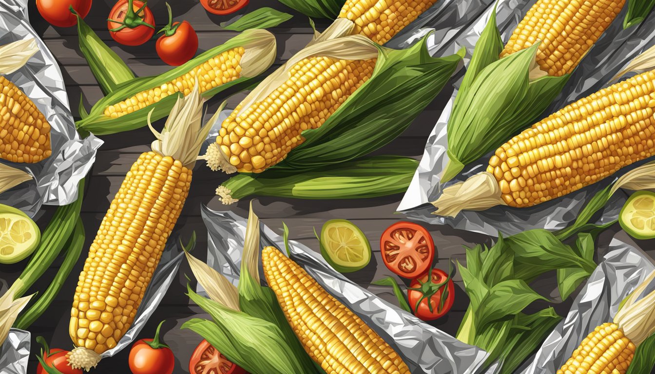 Fresh corn on the cob wrapped in foil grilling on a hot barbecue, with other assorted vegetables sizzling nearby