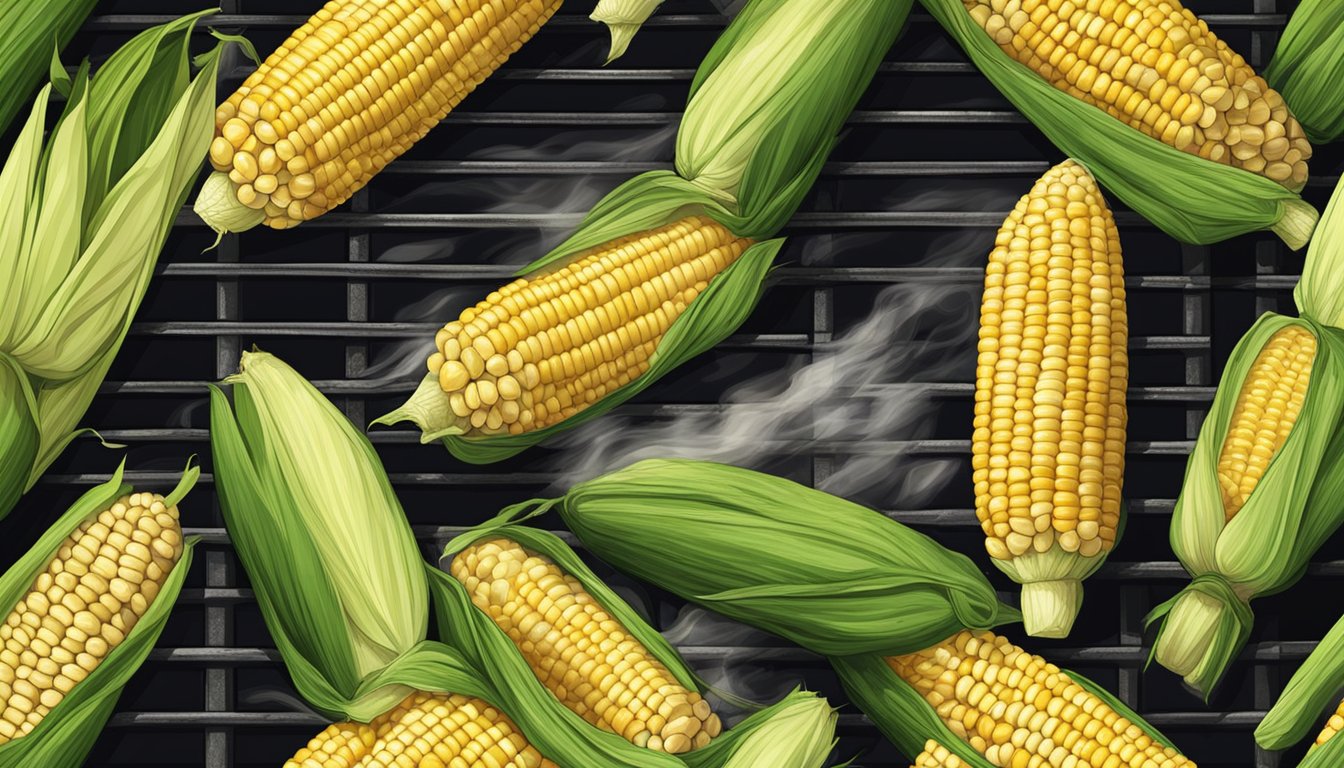 Fresh corn on the cob with green husks, arranged on a grill grate over hot coals, with wisps of smoke rising from the charred kernels