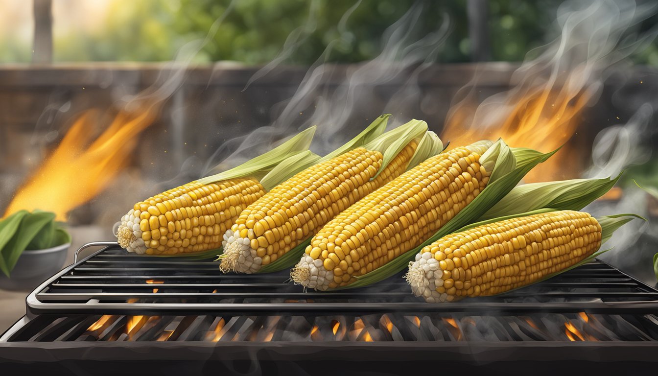 Grilled corn on the cob with husks, charred and steaming on a grill grate, surrounded by a smoky, outdoor setting