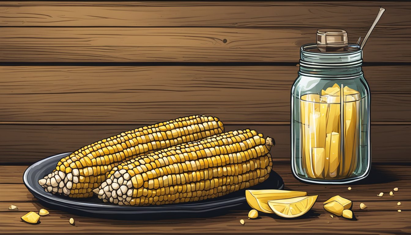 Grilled corn on the cob with husks, placed on a rustic wooden table with a jar of butter and a sprinkle of salt