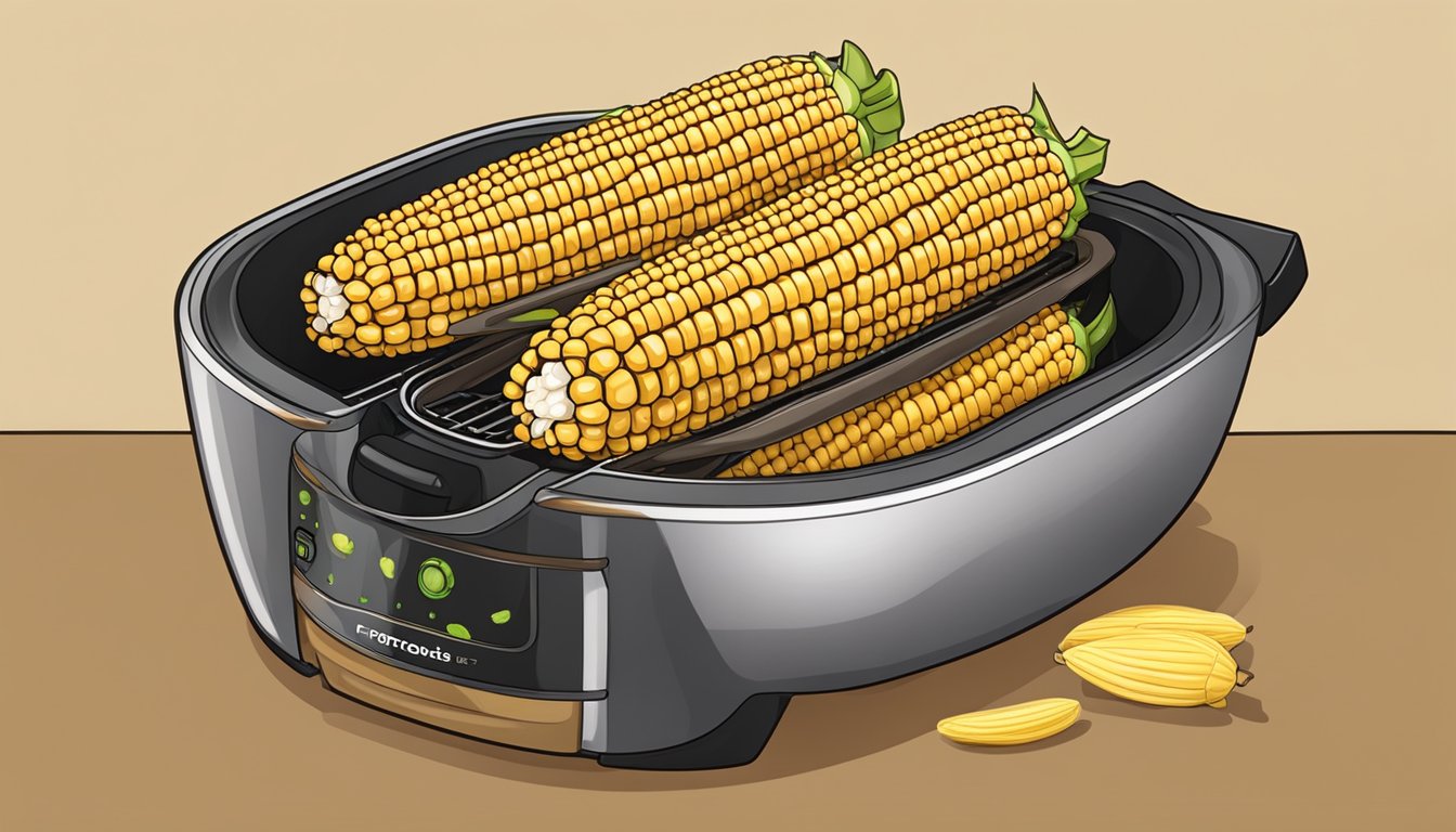 A corn on the cob is placed in the air fryer basket, surrounded by hot air circulating, creating a crispy and flavorful snack