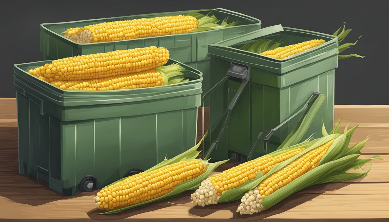 Freshly picked corn on the cob being husked and cleaned, then neatly arranged in a storage cooler