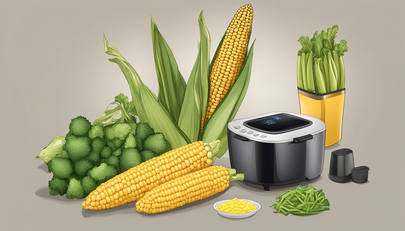 A corn on the cob placed in an air fryer, surrounded by various frozen vegetables and a timer set to reheat