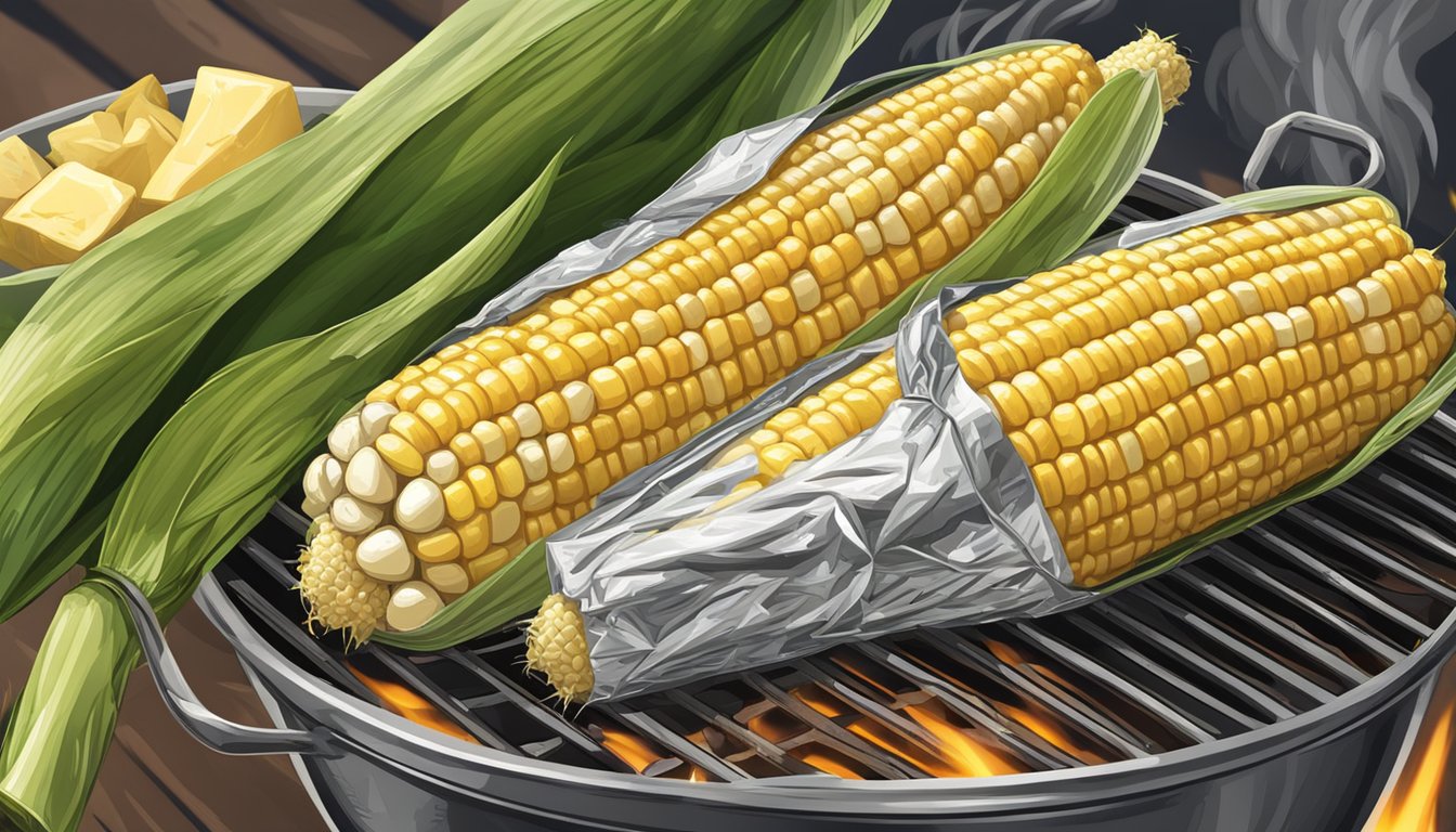 Fresh corn on the cob wrapped in tin foil grilling on a BBQ, with flavor enhancements like butter and herbs nearby