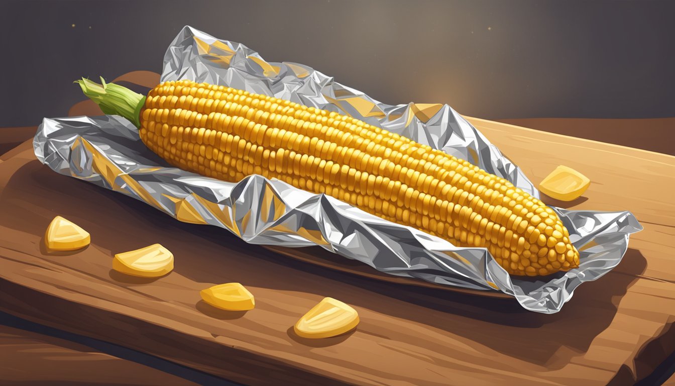 A golden ear of corn wrapped in foil sits on a baking sheet in a warm oven