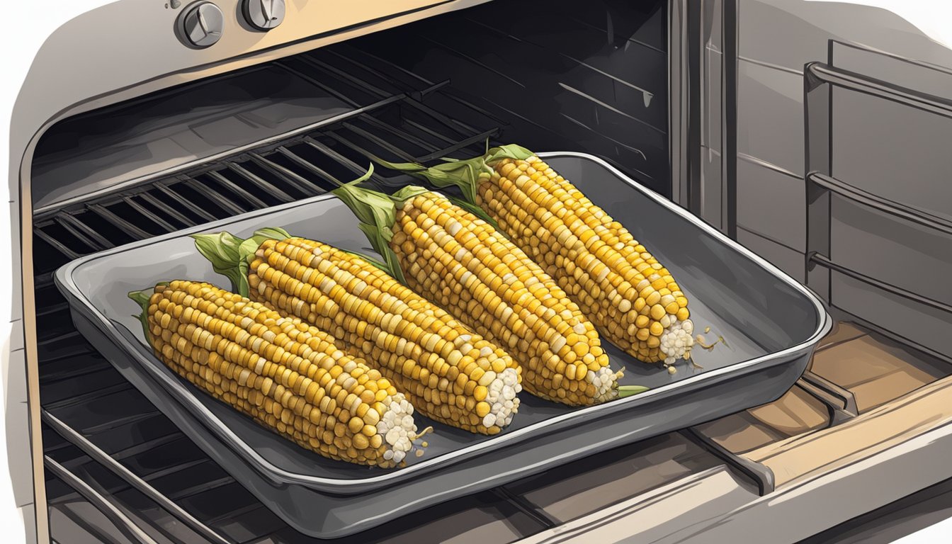 A tray of leftover corn on the cob sits inside a warm oven, ready for storage