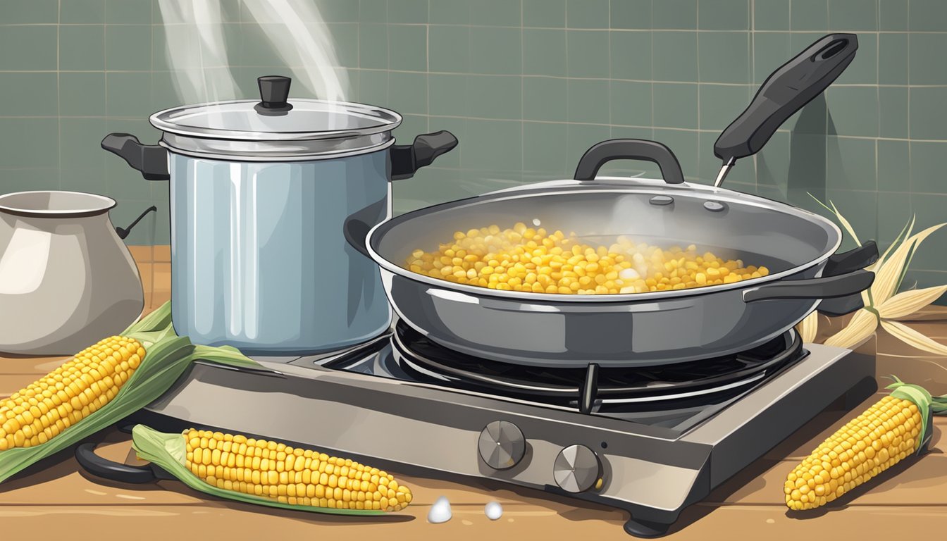 A pot of water boiling on a stove, with corn cobs nearby and a knife for husking