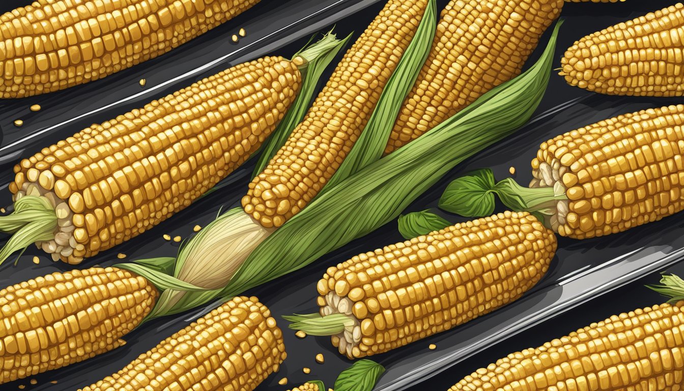 A tray of golden brown corn on the cob baking in the oven, with a sprinkle of herbs and a drizzle of melted butter