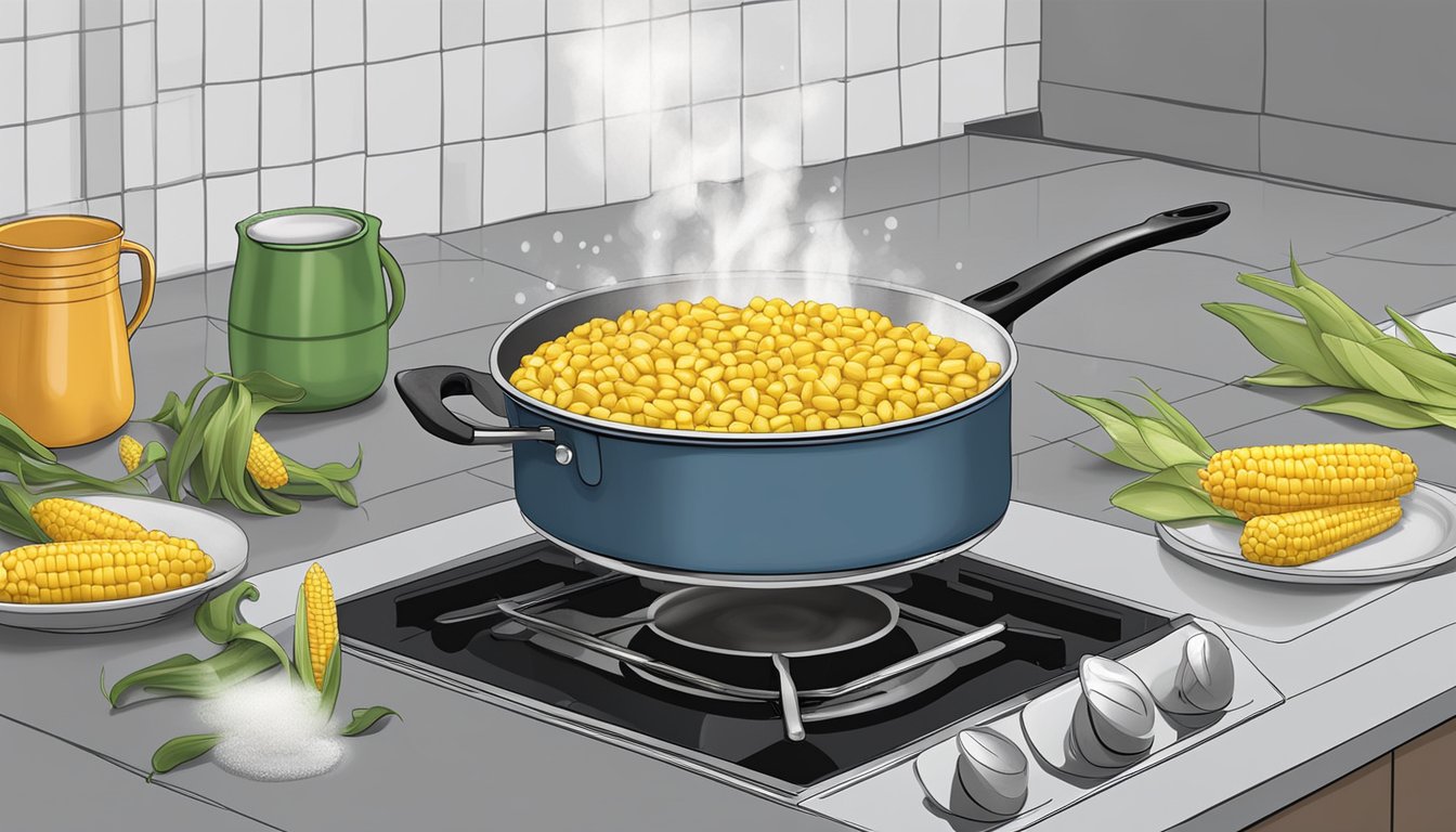 A pot of boiling water on a stove with corn on the cob being dropped in