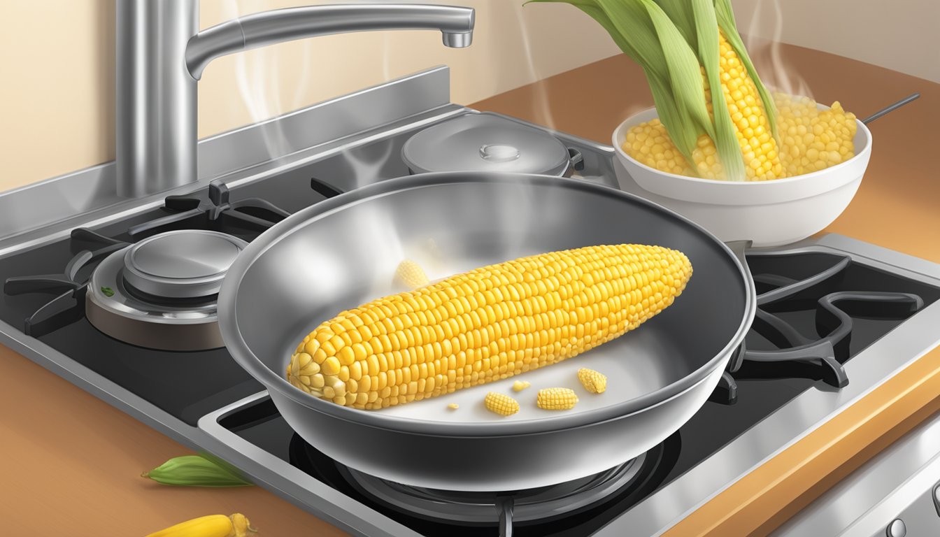 A golden ear of corn sits on a stovetop, steam rising from the cob. A nutrition label hovers nearby, listing the profile of the corn