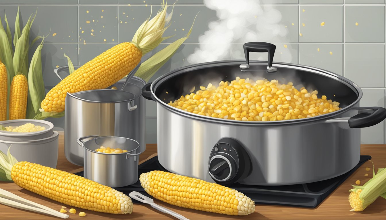 A steaming pot of corn on the cob sits on a stovetop, surrounded by scattered husks and a pair of tongs