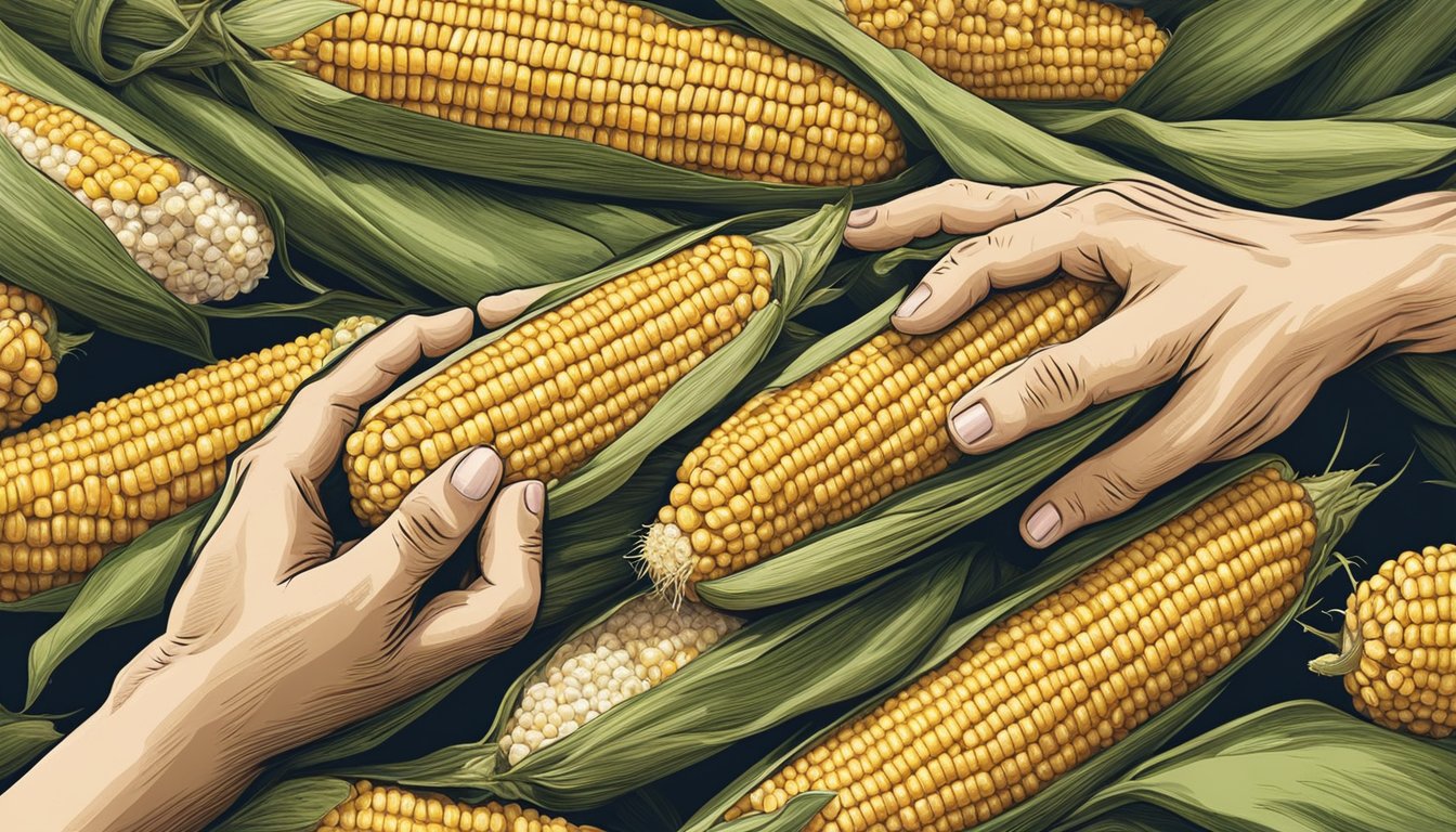 A hand reaching for a corn on the cob in husk from a pile of corn in a rustic outdoor setting