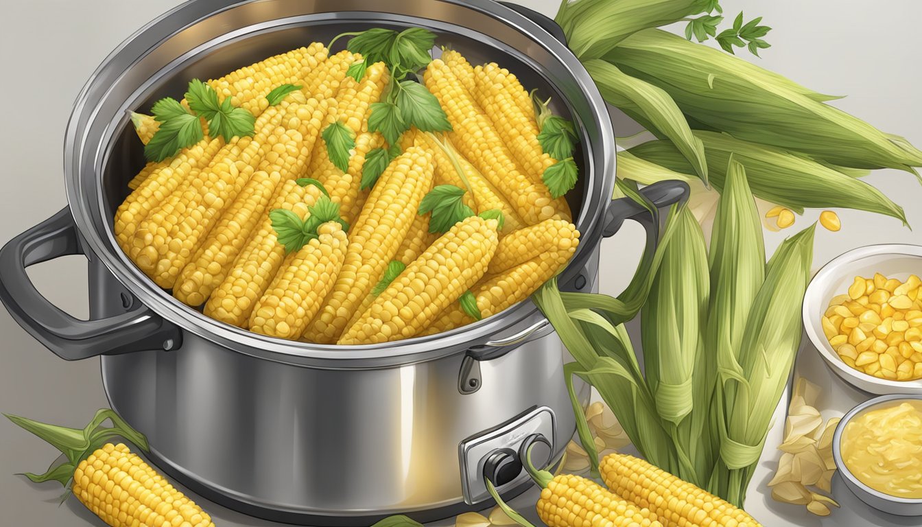 Fresh ears of corn being steamed in a pot, with additional flavors like butter and herbs nearby for serving