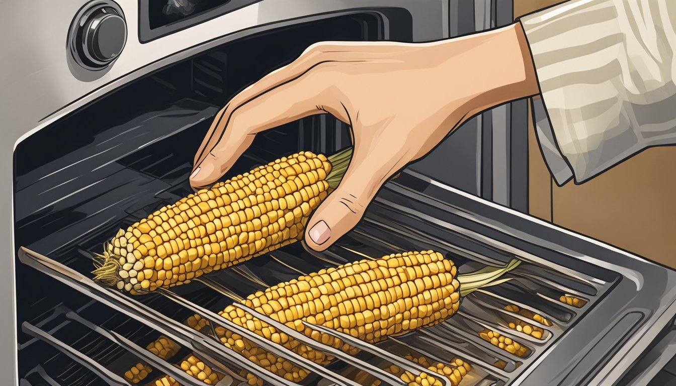 A hand reaches into the oven to remove a golden ear of corn still in its husk