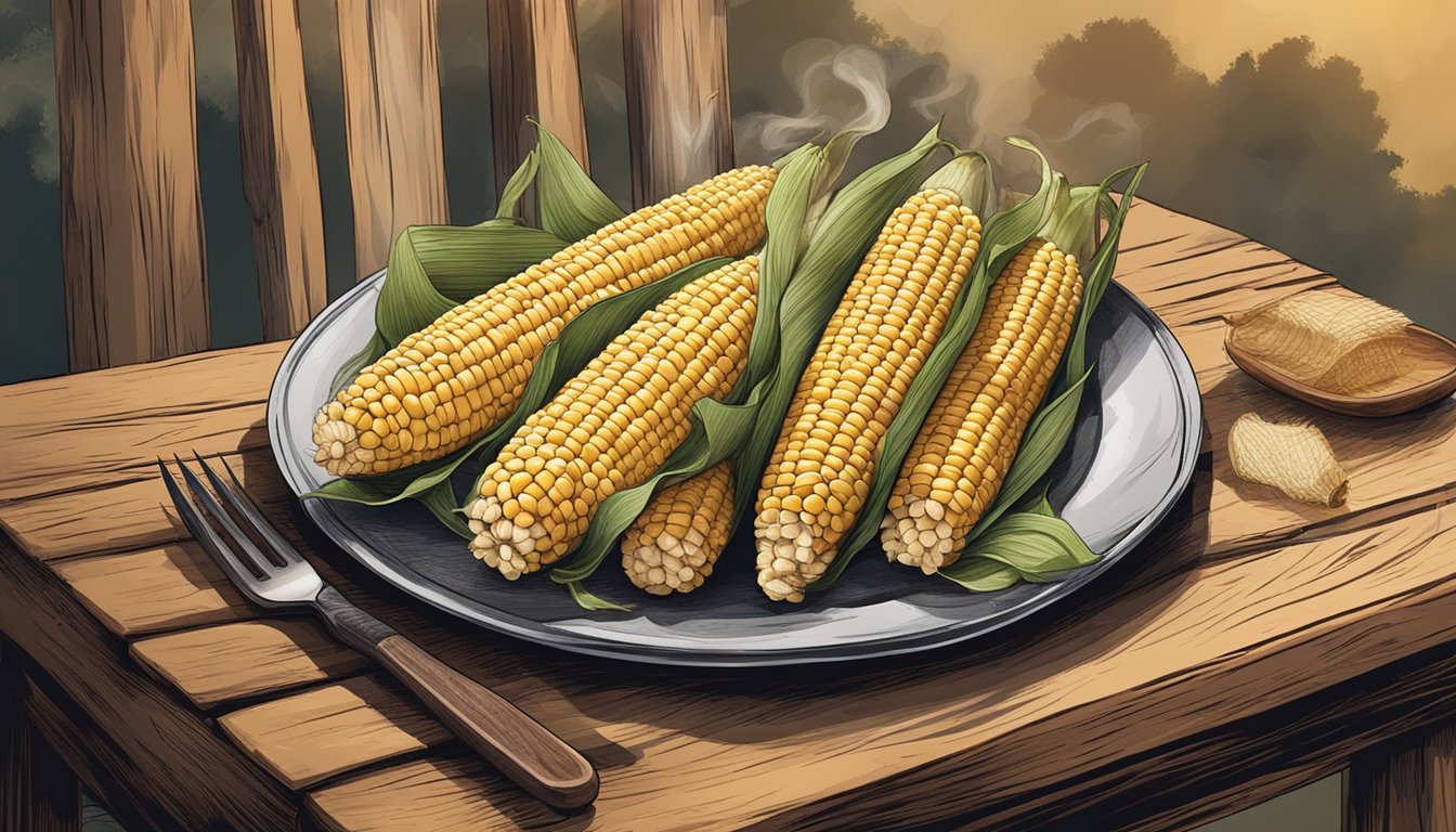 A rustic wooden table with a plate of smoked corn on the cob, surrounded by a scattering of husks and a hint of lingering smoke in the air