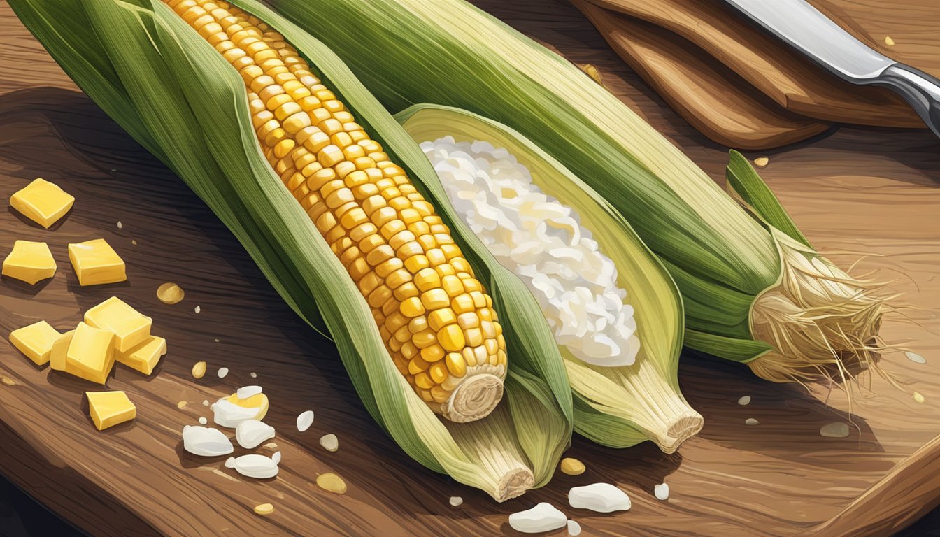 A golden ear of corn, still in its husk, sits on a rustic wooden cutting board next to a pat of butter and a sprinkling of salt