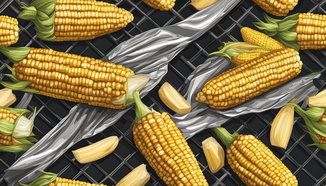 A grill with foil-wrapped corn on the cob cooking over the flames