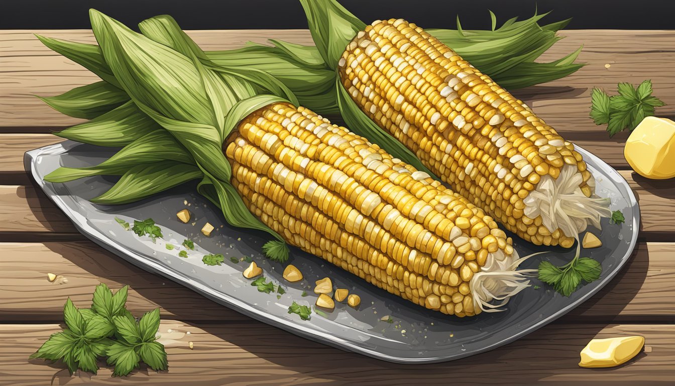 Grilled corn on the cob wrapped in foil, placed on a rustic wooden table with a side of melted butter and a sprinkle of fresh herbs