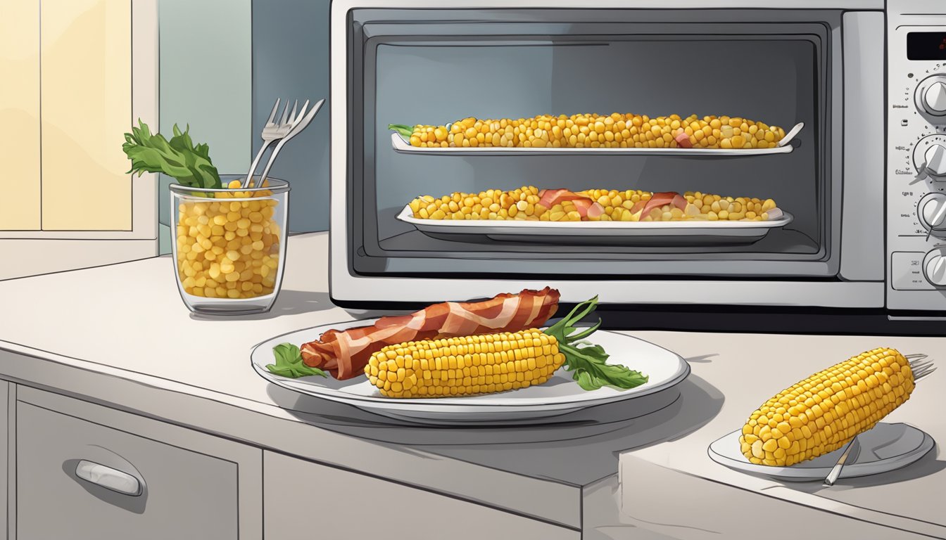 A plate of bacon-wrapped corn on the cob sits next to a microwave, with a container of leftover corn and a fork nearby