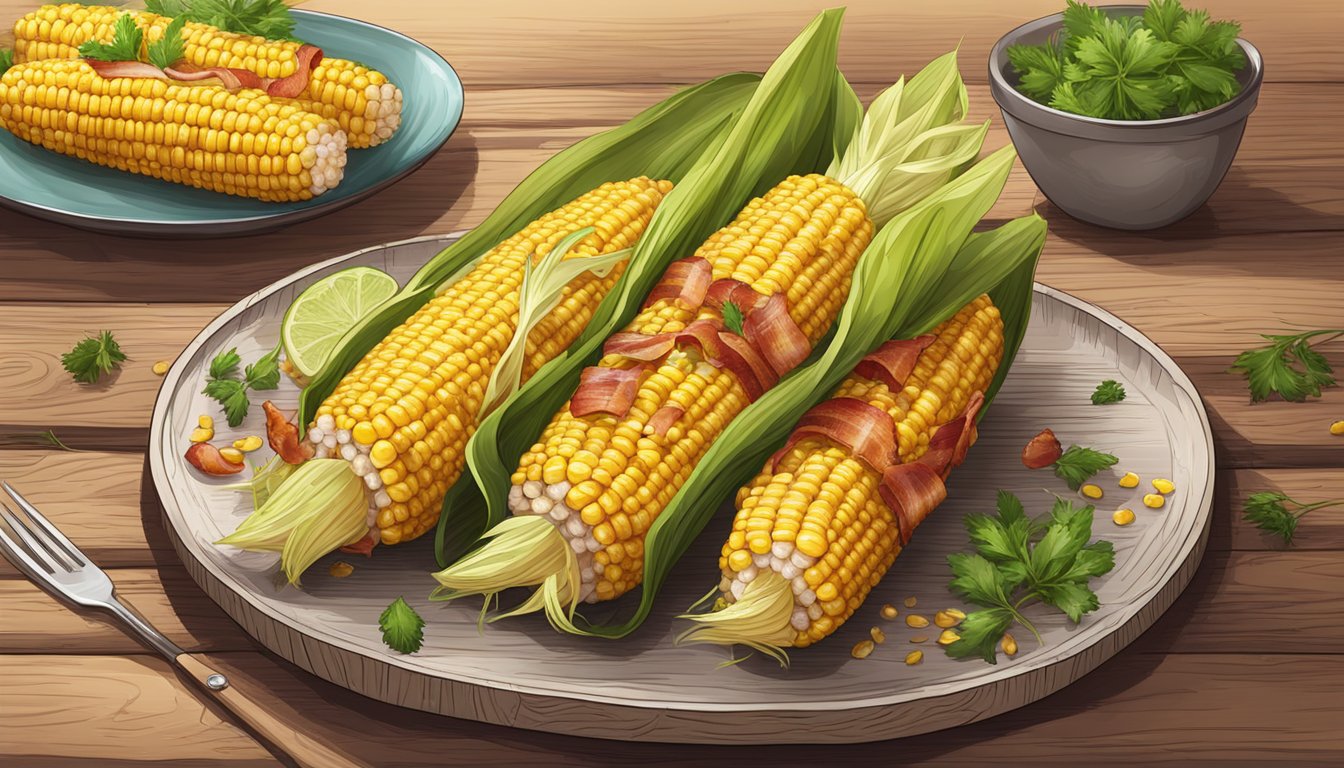 A sizzling corn on the cob wrapped in crispy bacon, garnished with herbs and spices, on a rustic wooden plate