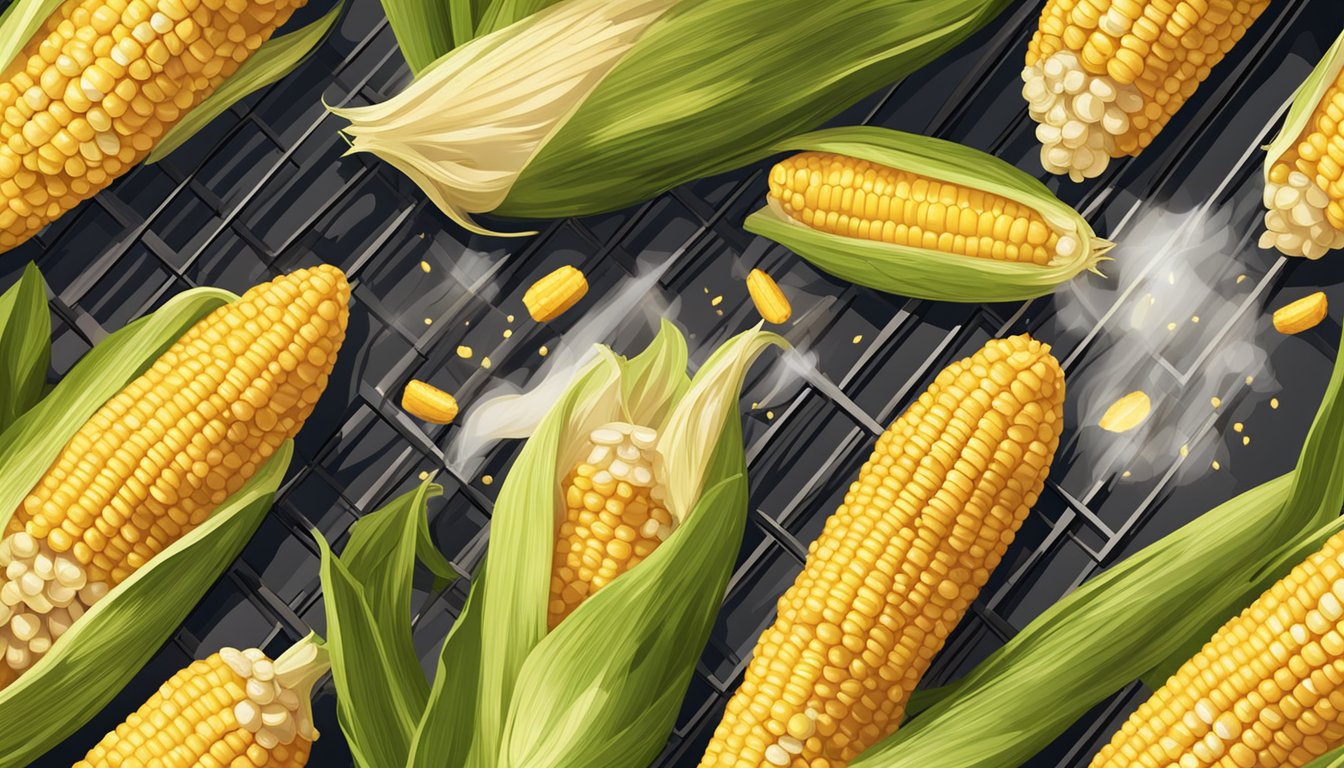 Corn on the cob grilling on a barbecue with smoke rising, grill marks visible, and golden kernels glistening in the sunlight