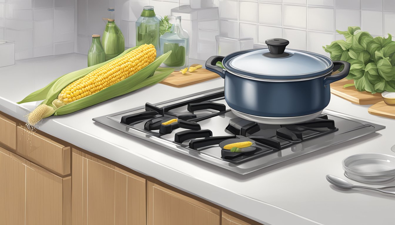 A pot of water on a stovetop, with fresh corn on the cob nearby