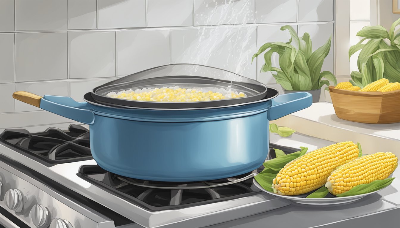 A large pot of water on a stovetop, with fresh corn on the cob nearby