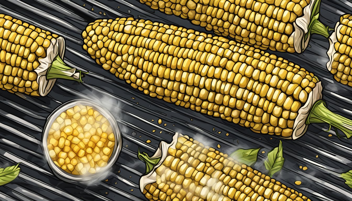 Frozen corn on the cob sizzling on a hot grill, with charred grill marks and steam rising