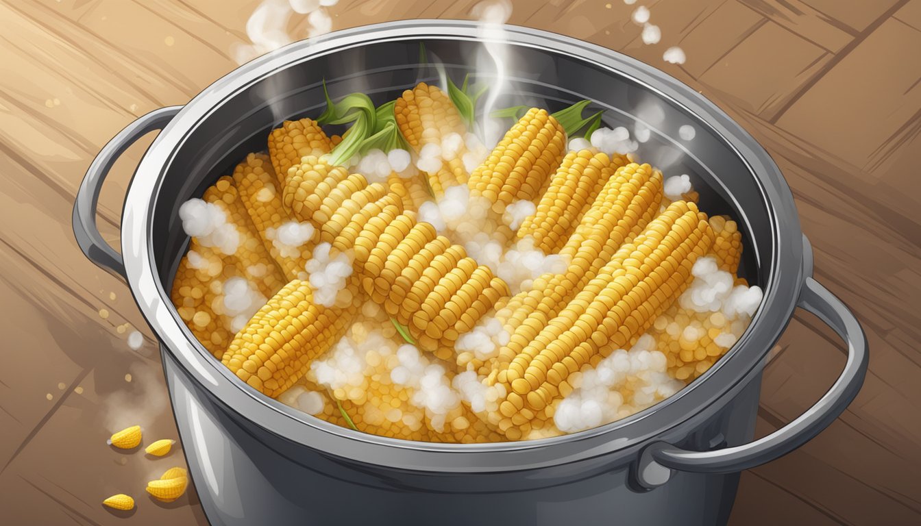 A large pot of boiling water with corn cobs inside, steam rising