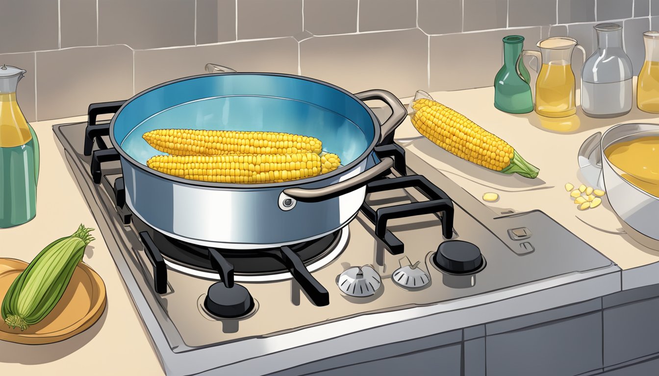 A large pot of water boiling on a stovetop, with several ears of corn on the cob ready to be submerged